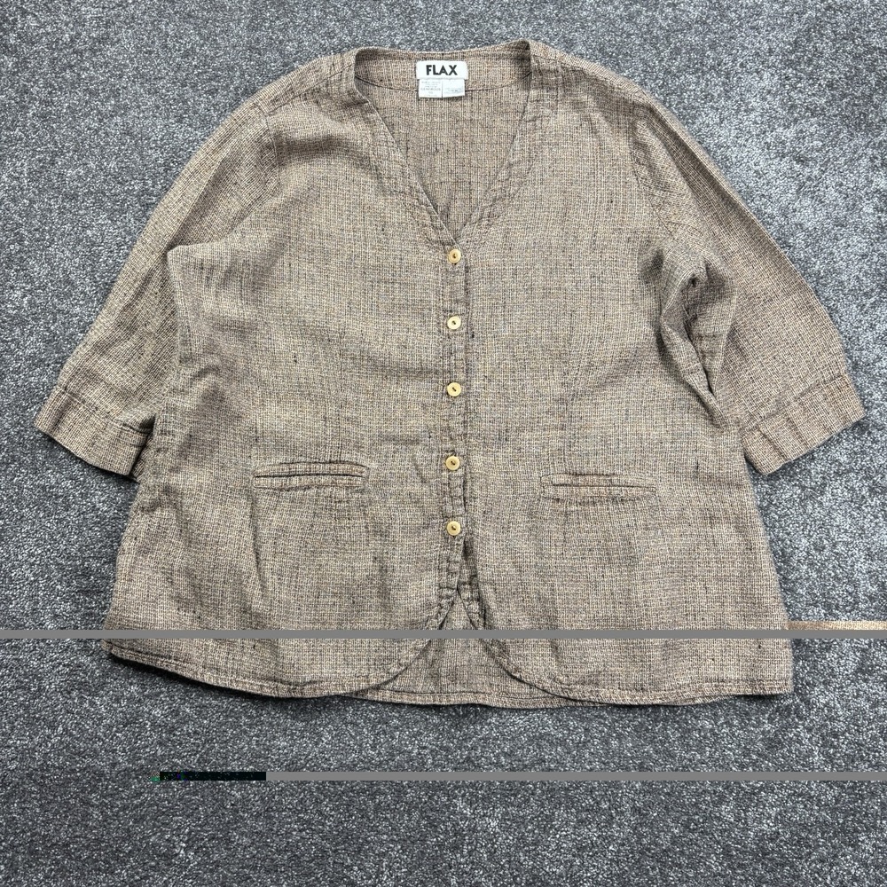 Flax By Jeanne Engelhart Blouse Top Size 1G XL Brown 100% Linen Woven Button Up - Picture 1 of 10